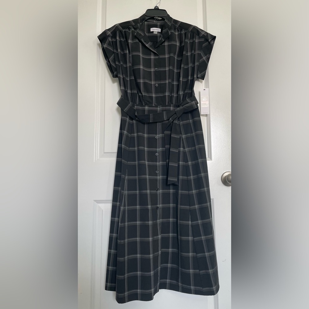 CALVIN KLEIN Windowpane Midi Shirtdress Belted Short Sleeve Size 10 Career NWT